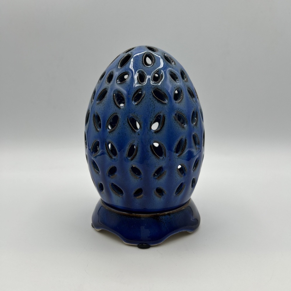 Cobalt Blue Drip Leaf Cutouts Studio Art Pottery Candle Holder Luminary 6.5" t